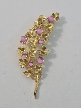 trifari pink jelly cabochon stone brooch pink gold tone floral sprig moonstone